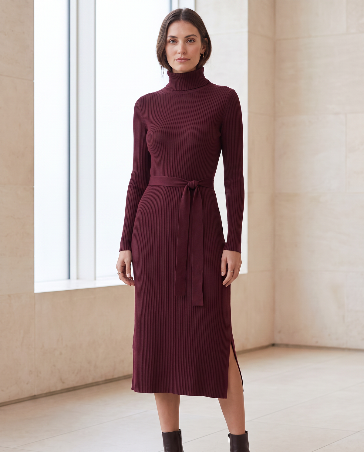 Front view of The Cinch Knit Dress in wine with roll neck and self-tie belt